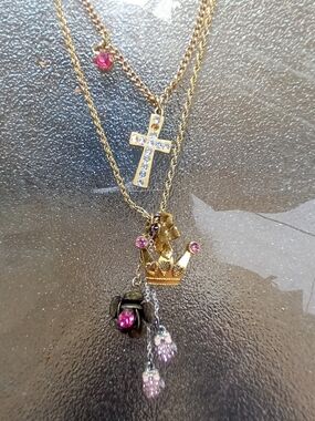 Juicy Couture BOXING Theme Gold-Tone Layered Cross & Crown Necklace